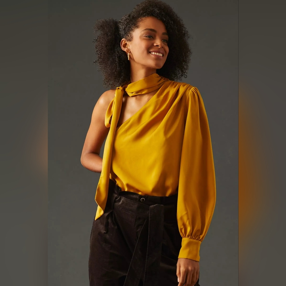 Sunday in Brooklyn Anthropologie Gold One-Shoulder Tie-Neck Blouse